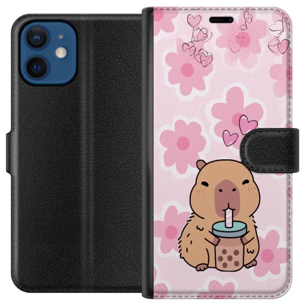 Kompatibel Tegnebogsetui til Apple iPhone 12 mini Sød tegnet kapybara med bubble tea, lyserøde hjerter og store blomster på en legesyg lyserød baggru pink
