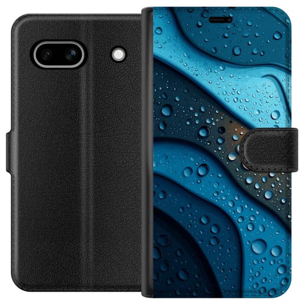 Kompatibel Tegnebogsetui til Google Pixel 7a Blå abstrakte bølger med glitrende vanddråber i moderne grafisk design blå