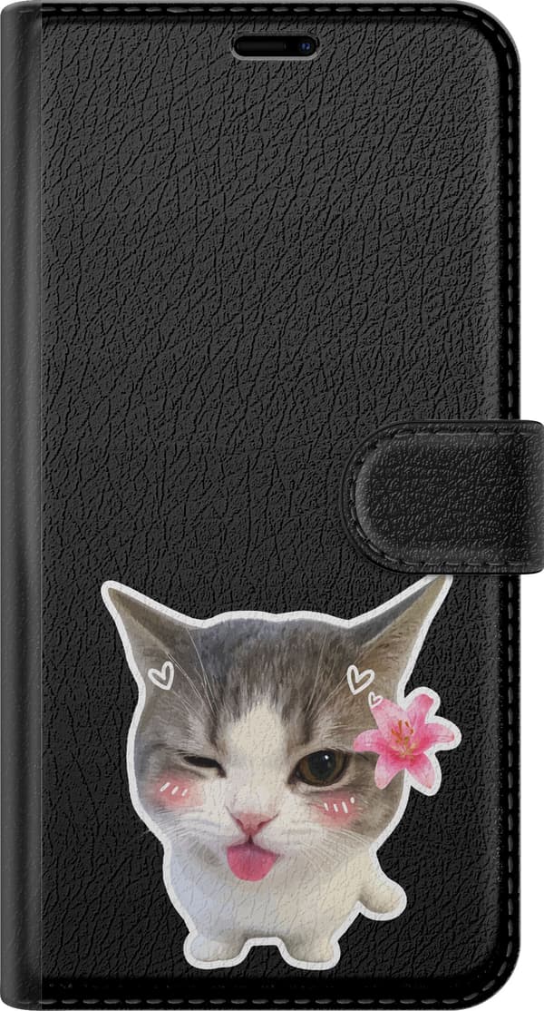Kompatibel Tegnebogsetui til Apple iPhone 17 Blomsterkat - Gråt motiv med en blinkende kat med lyserød blomst. grå