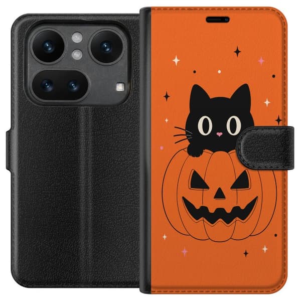 Kompatibel Tegnebogsetui til Nothing Phone 4a Pro Sort kat og halloween-græskar med stjerner på orange baggrund orange