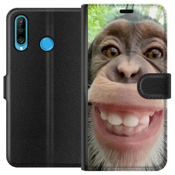 Huawei P30 lite Plånboksfodral Chimp Selfie Rolig Grafisk Design Apa Djurmotiv Trend Roligt Motiv Populärt Urban Art Stil