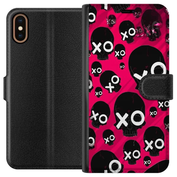 Kompatibel Tegnebogsetui til Apple iPhone X Rosa dödskallar med XO pink