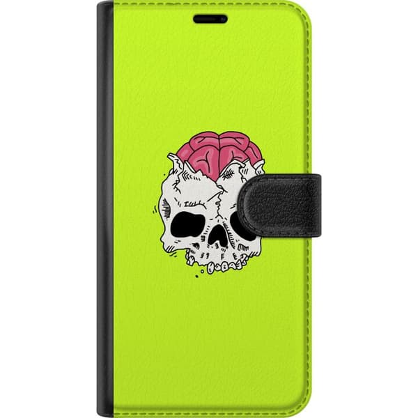 Kompatibel Tegnebogsetui til Apple iPhone 6 Illustreret hvidt kranium med synlig lyserød hjerne mod en intens limegrøn baggrund grøn