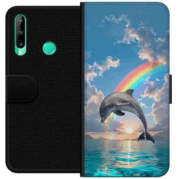 Kompatibelt Plånboksfodral till Huawei P40 lite E Realistisk delfin framför regnbåge över lugnt hav blå