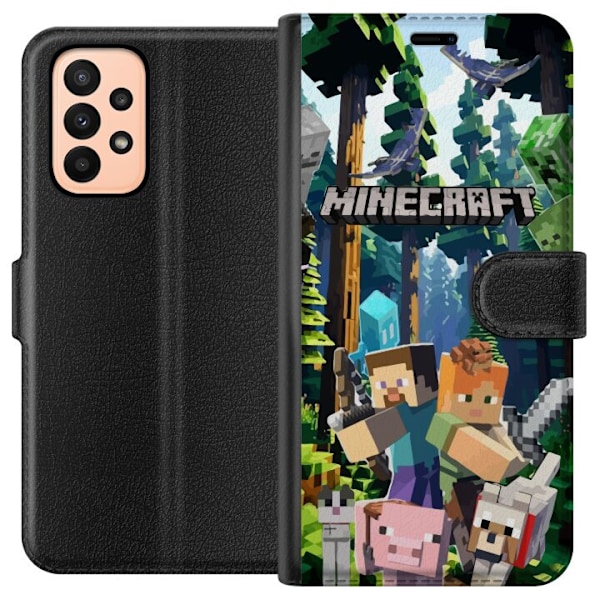 Samsung Galaxy A23 Tegnebogsetui Minecraft mobiltelefon dækning med skov og pixel karakterer