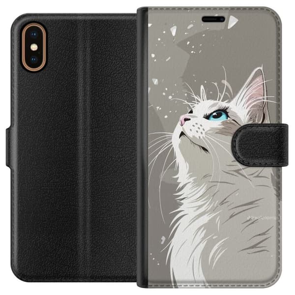 Kompatibel Tegnebogsetui til Apple iPhone X Stilren illustration af en hvid kat med blå øjne, der kigger opad mod en grå baggrund grå