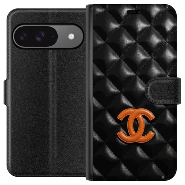 Kompatibel Tegnebogsetui til Google Pixel 9 Pro Sort quiltet lædermønster med orange emblem og eksklusivt design sort