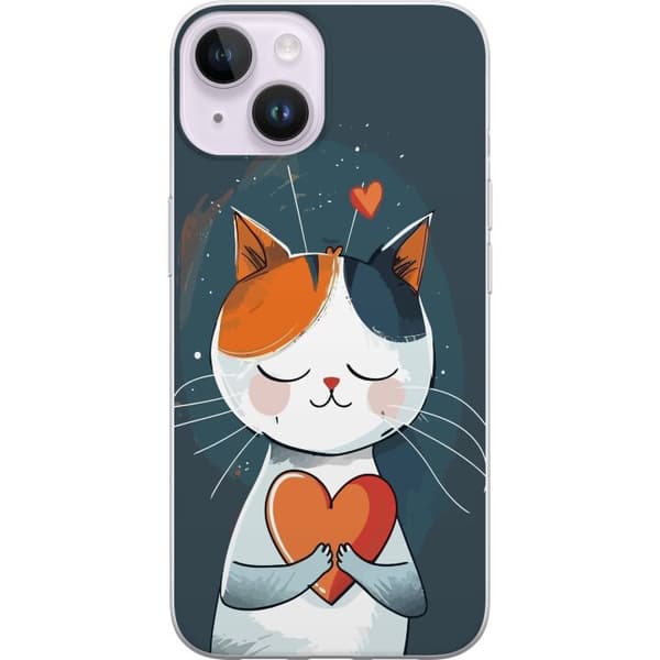 Kompatibel Mobilcover til Apple iPhone 14 Plus Sød illustreret kat, der holder et orange og rødt hjerte mod mørkeblå baggrund blå