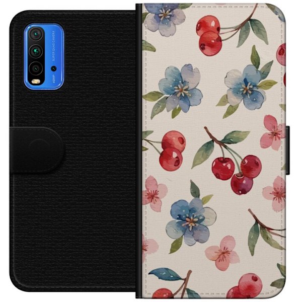 Xiaomi Redmi Note 9 4G Tegnebogsetui Bær & Blomster - mønster med blå blomster og skovbær