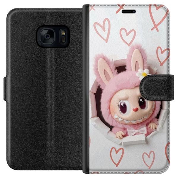 Samsung Galaxy S7 Lompakkokotelo Labubu Sydän Taustakuva Pop Mart Rakkausteema Hahmodesign Suosittu Motiivi Keräilytaideteossarja