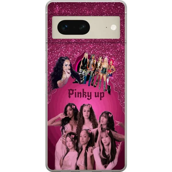 Kompatibelt Mobildeksel til Google Pixel 7 KATSEYE i rosa collage med sløyfer, glitrende bakgrunn og mørk dekorativ tekst rosa