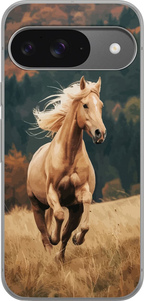 Kompatibelt Mobildeksel til Google Pixel 9 Pro Galopperende hest i landskap - hestemotiv i brune toner brun