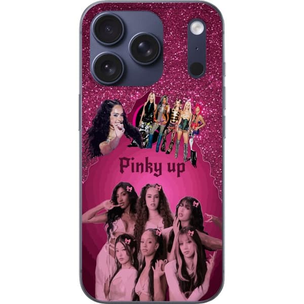 Kompatibelt Mobildeksel til Apple iPhone 18 Pro KATSEYE i rosa collage med sløyfer, glitrende bakgrunn og mørk dekorativ tekst rosa