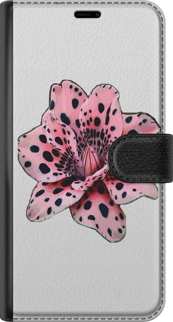 Kompatibel Tegnebogsetui til Apple iPhone 17 Lyserød blomst med dekorative sorte pletter og mørke detaljer på lys baggrund pink