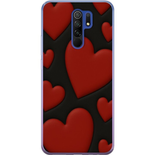 Xiaomi Redmi 9 Gjennomsiktig deksel Røde Fløyels hjerter