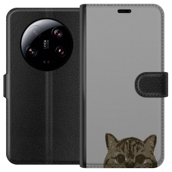 Xiaomi 13 Ultra Plånboksfodral Grå Kattblick – stilren kattdesign med grå bakgrund