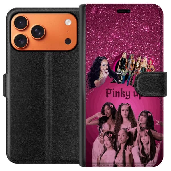 Kompatibel Tegnebogsetui til Apple iPhone 17 Pro Max KATTEØJE i lyserød collage med sløjfer, glitrende baggrund og mørk dekorativ tekst pink
