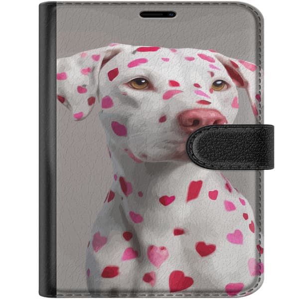 Kompatibel Tegnebogsetui til Apple iPhone Duo Hvid hund med lyserøde hjerteformede pletter og lyserød snude på grå baggrund hvid
