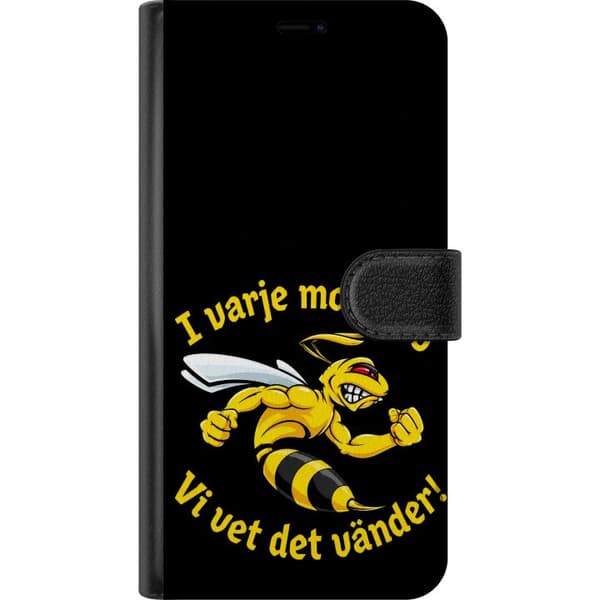 Kompatibel Tegnebogsetui til Apple iPhone 15 Plus Gul hveps - Tegnet gul hveps med hvide vinger mellem buede gule tekstlinjer på sort baggrund sort