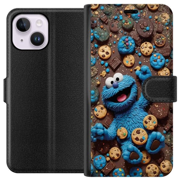 Kompatibelt Plånboksfodral till Apple iPhone 14 Plus Lekfull blå tecknad figur omgiven av kakor blå