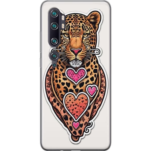 Kompatibel Mobilcover til Xiaomi Mi Note 10 Pro Illustreret leopard med lyserøde og orange hjerter, sorte pletter og dekorative detaljer orange