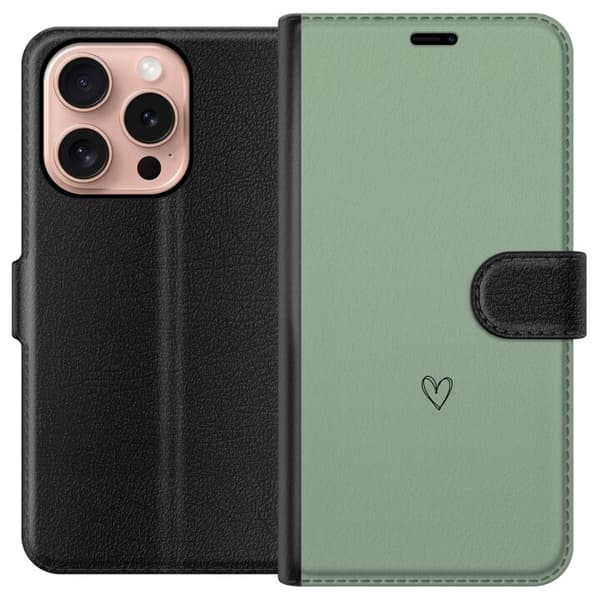 Kompatibel Tegnebogsetui til Apple iPhone 16 Pro Minimalistisk sort håndtegnet hjerte centreret på en rolig lysegrøn baggrund grøn