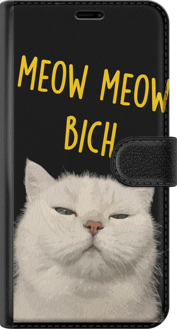 Kompatibel Tegnebogsetui til Apple iPhone 11 Pro Hvid kat med et kækt udtryk og gul Meow Meow Bich-tekst mod sort baggrund sort