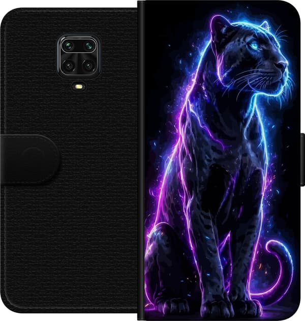 Kompatibel Tegnebogsetui til Xiaomi Redmi Note 9S Sort panter med blå og lilla neonlinjer mod sort baggrund sort