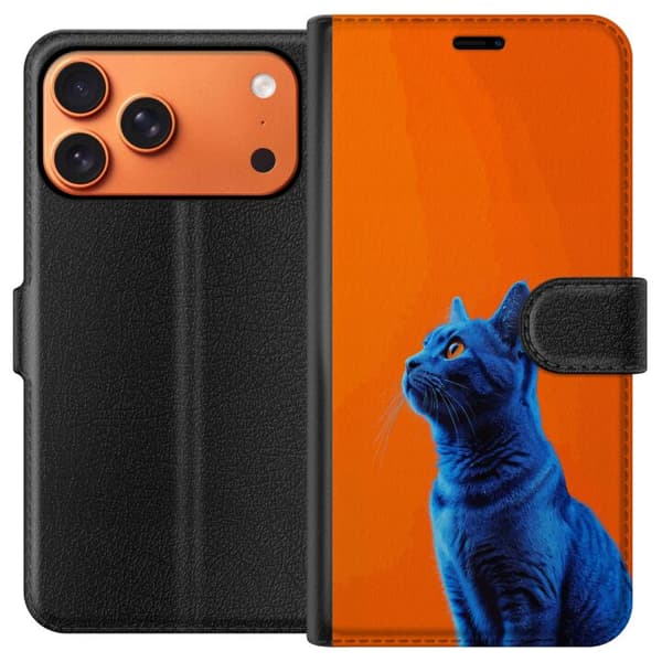 Kompatibel Tegnebogsetui til Apple iPhone 17 Pro Max Blå kat med orange baggrund i moderne popkunststil blå