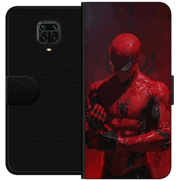 Kompatibel Tegnebogsetui til Xiaomi Redmi Note 9 Pro Dramatisk rød og sort maskeret superhelt med edderkoppemønstret dragt rød