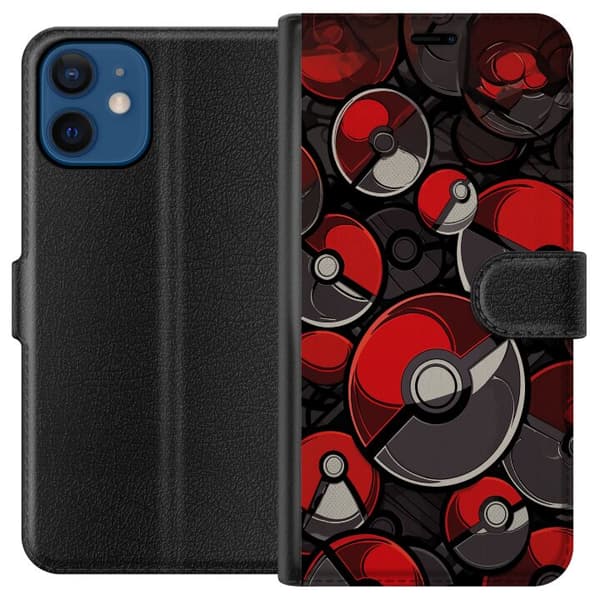 Kompatibel Tegnebogsetui til Apple iPhone 12 mini Sømløst mønster med røde og sorte Pokébolde rød