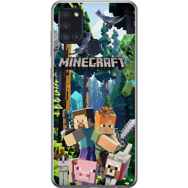 Samsung Galaxy A21s Genomskinligt Skal Minecraft mobilskal med skog och figurer i pixelstil