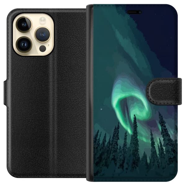 Kompatibelt Plånboksfodral till Apple iPhone 14 Pro Max Norrsken över vinterlandskap grön