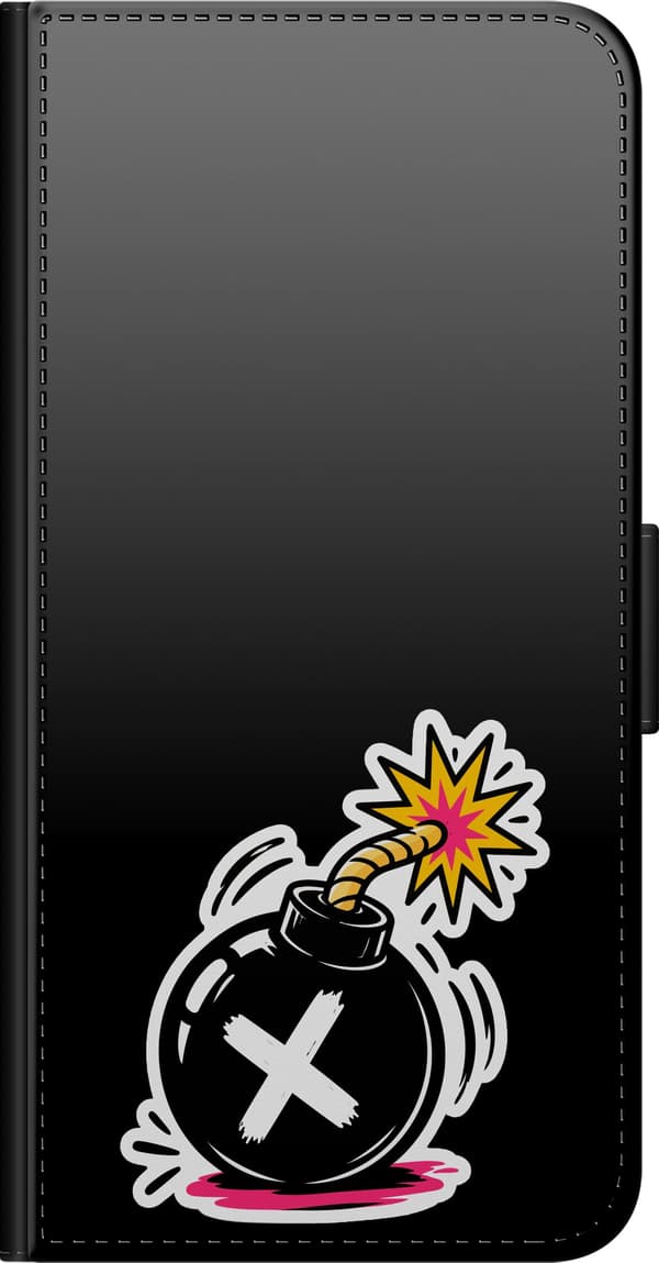Kompatibel Tegnebogsetui til OnePlus 7 Pro Krydsbombe - Sort motiv med sort bombe med hvidt symbol. sort