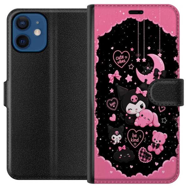 Kompatibel Tegnebogsetui til Apple iPhone 12 mini Søde lyserøde og sorte gothfigurer med hjerter, måne, stjerner og positiv tekst sort