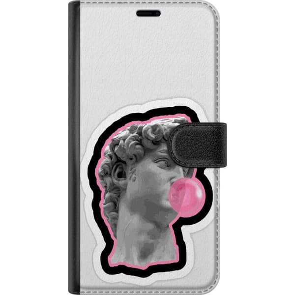 Kompatibelt Plånboksfodral till Apple iPhone 18 Pro Max Davidstaty med rosa tuggummibubbla, trendigt konstmotiv i grått och rosa grå