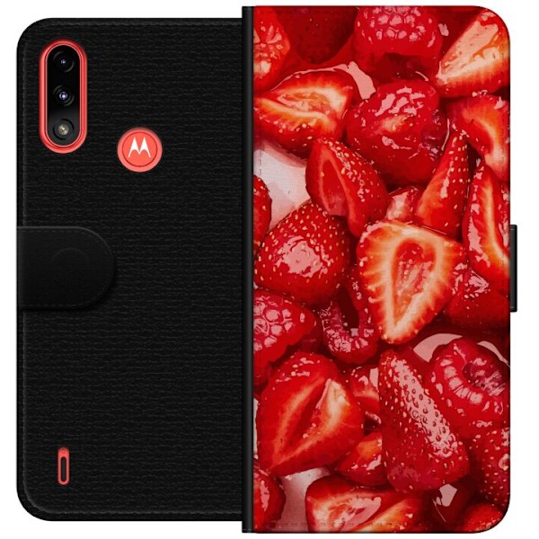 Motorola Moto E7 Power Tegnebogsetui Jordbærmønster - sødt motiv med sommerstemning