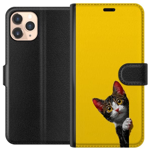 Kompatibel Tegnebogsetui til Apple iPhone 11 Pro Sød kat, der kigger ud mod gul minimalistisk baggrund gul
