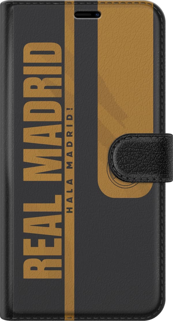 Kompatibel Tegnebogsetui til Apple iPhone 12 Pro Max Guldfarvet fodboldtekst, lodrette bånd og kronet emblem på sort baggrund sort