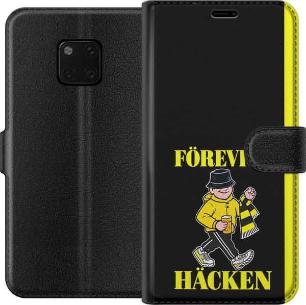 Kompatibel Tegnebogsetui til Huawei Mate 20 Pro Gul supporter - Tegnet supporter i gult tøj og hat mellem gule tekstlinjer på sort baggrund sort