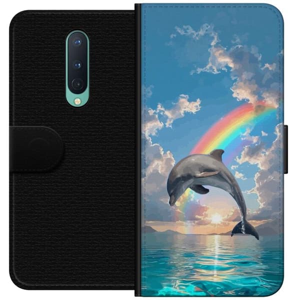 Kompatibelt Plånboksfodral till OnePlus 8 Realistisk delfin framför regnbåge över lugnt hav blå