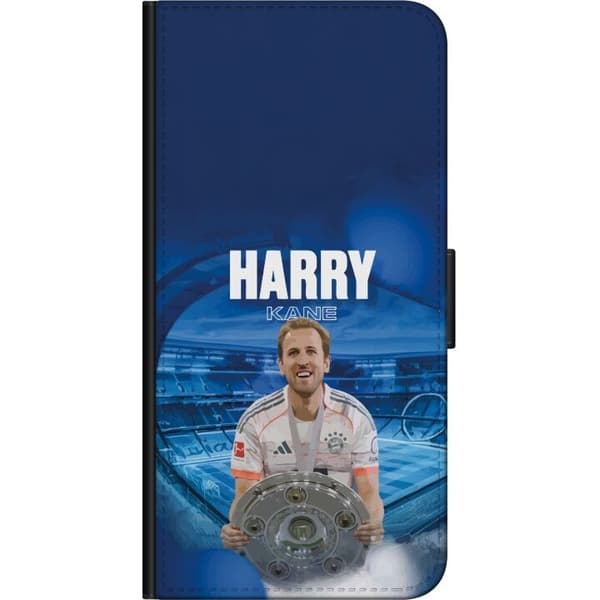 Kompatibel Tegnebogsetui til Xiaomi Redmi Note 9 Pro Harry Kane med trofæ - fodboldmotiv på blå baggrund blå