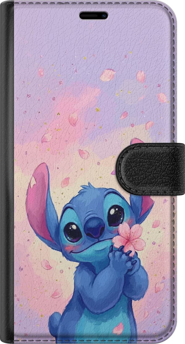 Kompatibelt Lommeboketui til Apple iPhone 16e Søtt blått romvesen som holder en rosa blomst blant fallende blomsterblader rosa
