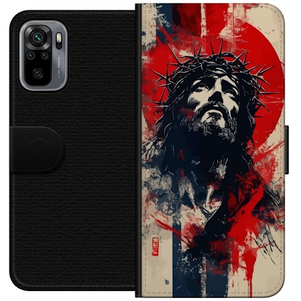 Xiaomi Redmi Note 10S Lompakkokotelo Jeesus ristillä - kristillinen aihe vahvalla symboliikalla uskosta ja toivosta