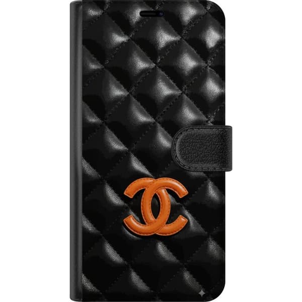Kompatibel Tegnebogsetui til OnePlus 7 Sort quiltet lædermønster med orange emblem og eksklusivt design sort