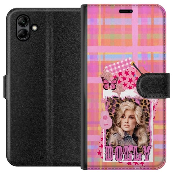 Kompatibelt Plånboksfodral till Samsung Galaxy A05 Dolly Parton rosa countrycollage med gitarr rosa