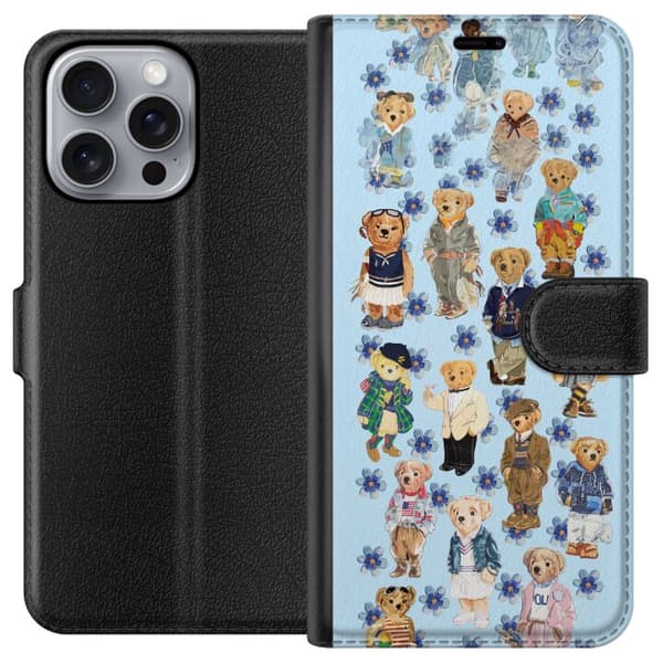 Kompatibel Tegnebogsetui til Apple iPhone 16 Pro Max Søde bamser i trendy tøj med blå blomster blå