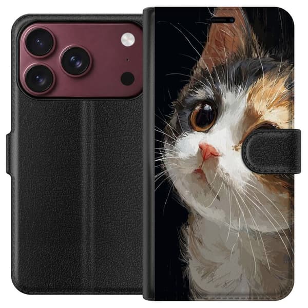 Kompatibel Tegnebogsetui til Apple iPhone 18 Pro Kunstnerisk portræt af trefarvet kat med store brune øjne mod sort baggrund sort