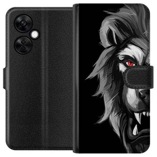Kompatibel Tegnebogsetui til OnePlus Nord CE 3 Lite Dramatisk sort-hvid ulv med et intenst rødt øje mod sort baggrund sort