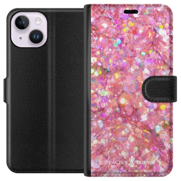 Kompatibel Tegnebogsetui til Apple iPhone 14 Kaktus og venner – lyserødt glitter